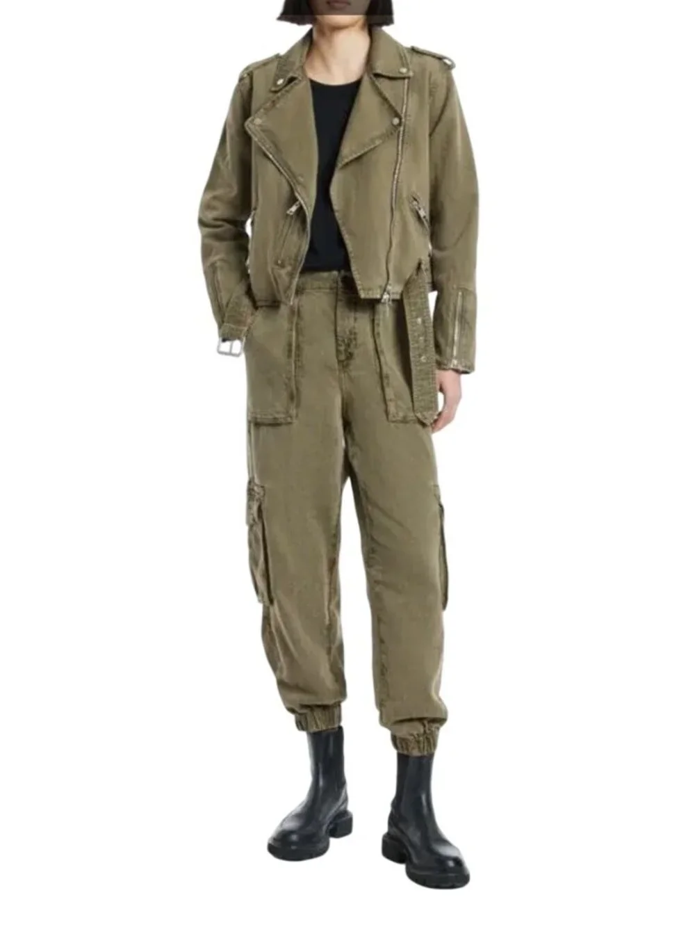 AllSaints "Frieda Denim Trouser" Cargo Jogger Womens 6 Light Olive Green Lyocell - Picture 14 of 16